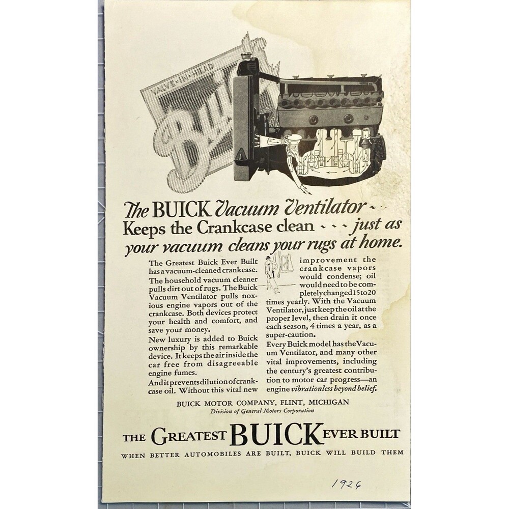 The Buick Vacuum Ventilator "Greatest Buick Ever Built" Vintage Print Ad 1926